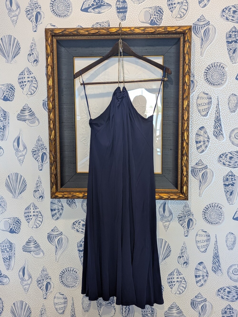 Ralph Lauren Navy Fit &Flare Midi Halter Dress, Silver Chain Neck Vintage Y2K